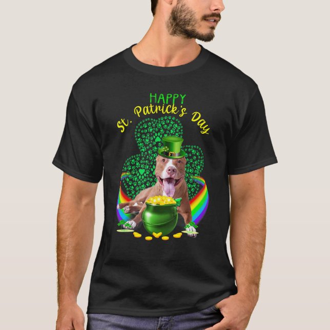 T-shirt Drôle Saint-Patrick jour heureux Pit Bull Leprecha (Devant)