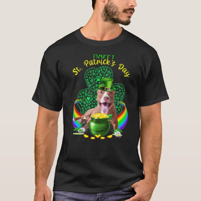 T-shirt Drôle Saint-Patrick jour heureux Pit Bull Leprecha (Devant)