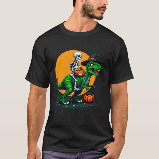 T-shirt Drôle Skeleton Dinosaur T Rex Witch Casquette Hall (Devant)