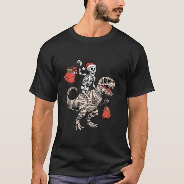 T-shirt Drôle Skeleton équitation TRex Dinosaur Noël Tee (Devant)