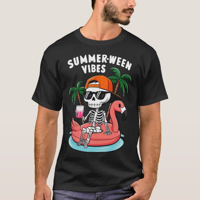 T-shirt Drôle Skeleton Flamant rose Summerween Vibes Hallo (Devant)