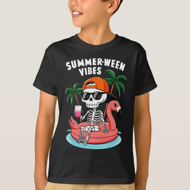 T-shirt Drôle Skeleton Flamant rose Summerween Vibes Hallo (Devant)