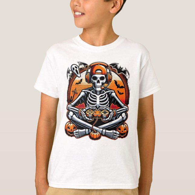 T-shirt Drôle Skeleton Halloween Gift Video Game headphon (Devant)