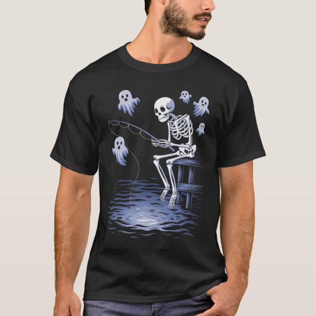 T-shirt Drôle Skeleton Pêche Amateurs Éffrayant Halloween  (Devant)