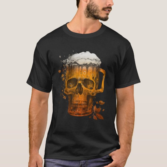 T-shirt Drôle Skeleton Skull Boire Bière Halloween (Devant)