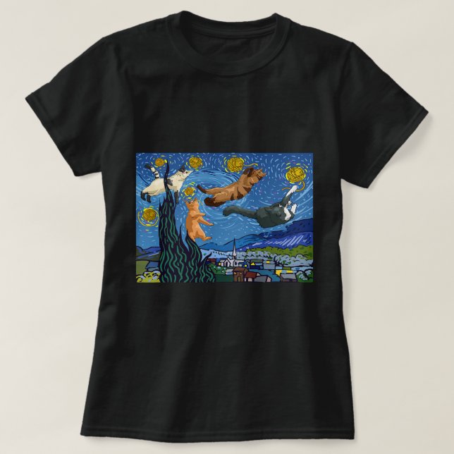 T-shirt Drôle Starry Night Chat Cute Art Peinture pour cha (Design devant)