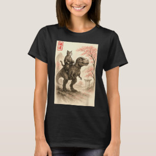 T-shirt Drôle Sumi-e Kawaii Chat à Cheval sur un Dinosaure