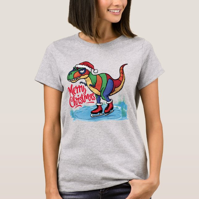 T-shirt Drôle T-rex Dinosaur Patinage sur glace Joyeux Noë (Devant)