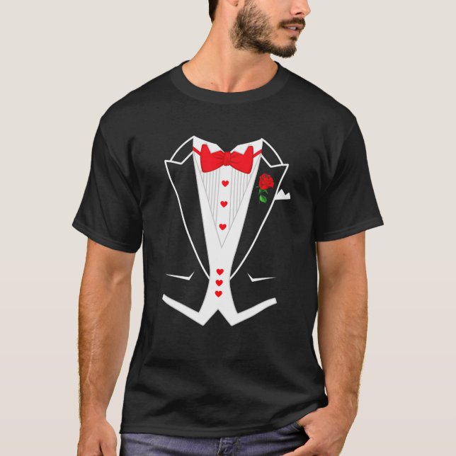 T-shirt Drôle Tuxedo Avec Red Bowtie Hearts Valentines Day (Devant)