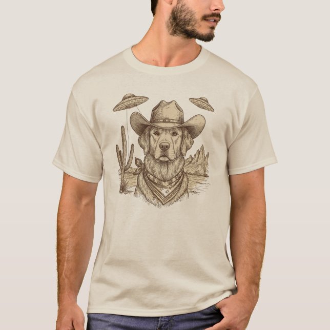 T-shirt Drôle Western Alien UFO Chien (Devant)