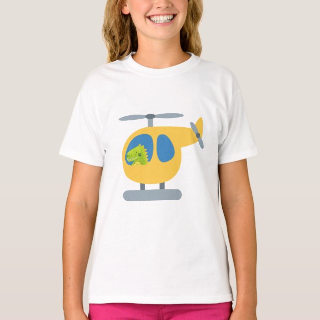 T-shirt drôles dinosaure vol hélicoptère jaune (Devant)
