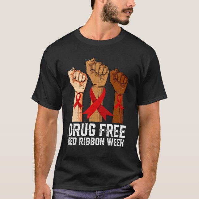 T-shirt Drug Free Red Ribbon Week Awareness Hand We Wear R (Devant)