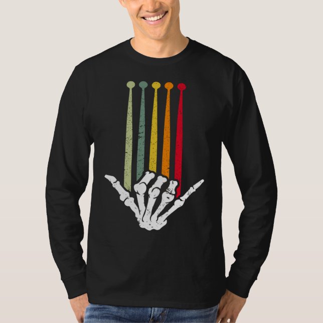 T-shirt Drummer Skeleton DrumStick Rock Music Drums Retro  (Devant)