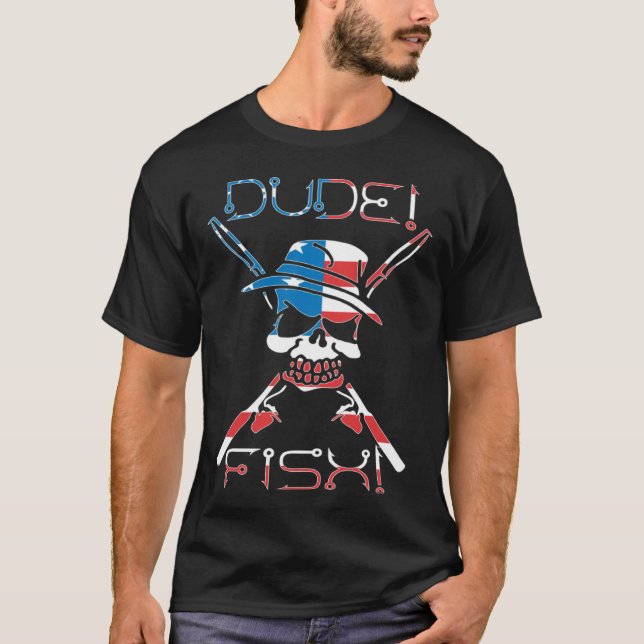 T-shirt Dude Fish Skull & Fishing Rod American Flag (Devant)