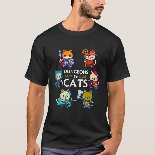 T-shirt Dungeons Et Chats RPG D20 Dices Nerds Gamer Chat (Devant)