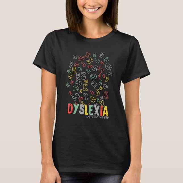 T-shirt Dyslexia Awareness Alphabet Rainbow Silver Ribbon  (Devant)