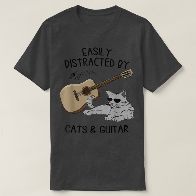 T-shirt Easily Distracted By Cats And Guitar, Guitar Music (Design devant)