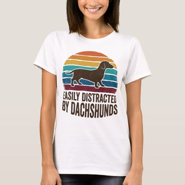 T-shirt Easily Distracted By Dachshunds Retro Sunset Funny (Devant)