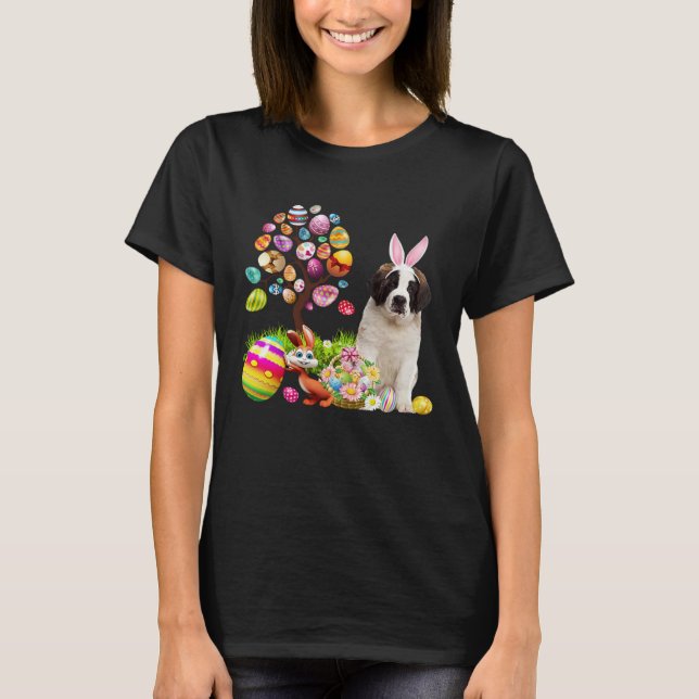 T-shirt Easter Bunny Saint Bernard Dog Ear Tree Egg Basket (Devant)