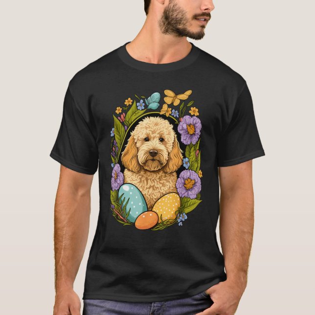 T-shirt Easter Golden Doodle Bunny Eggs Dog on Easter Gold (Devant)