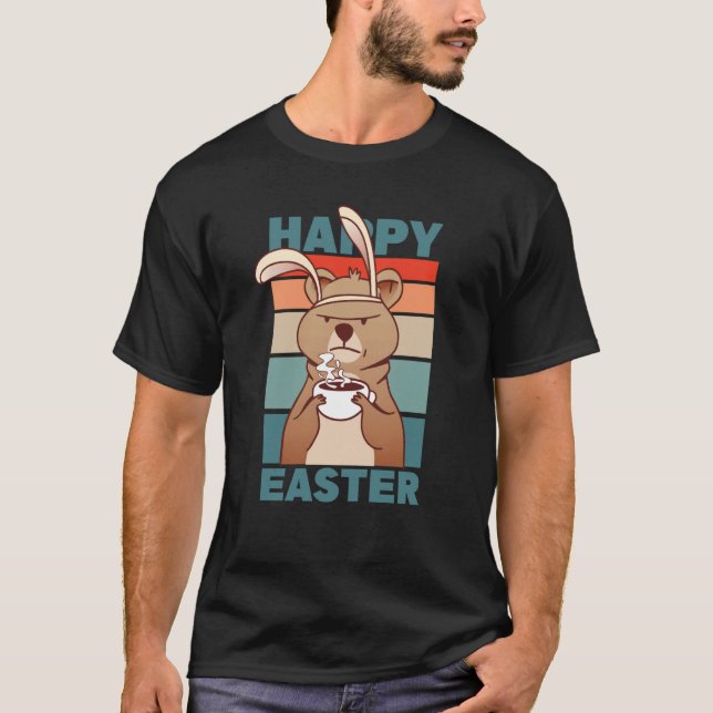 T-shirt Easter Grumpy Bear with Rabbit Ear drinks Coffee (Devant)