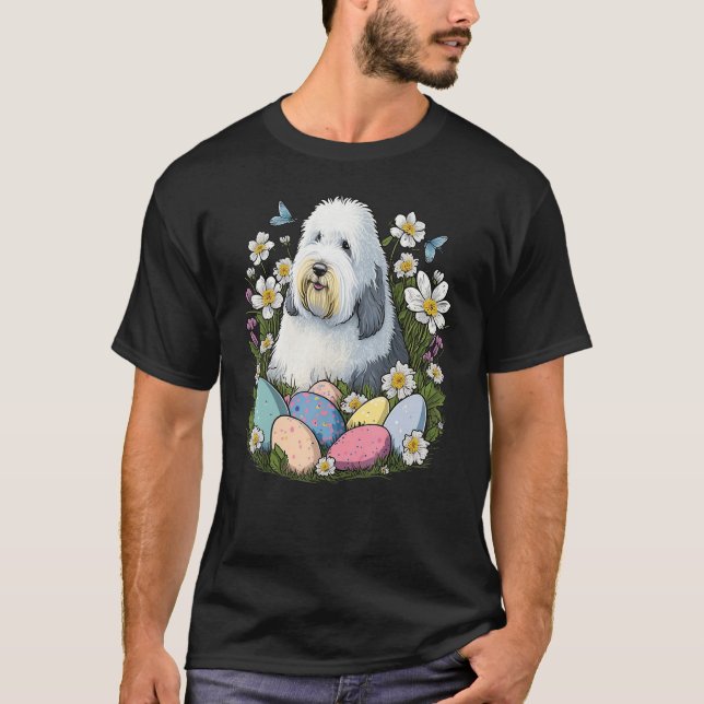 T-shirt Easter Old English Sheepdog Bunny Eggs Dog on East (Devant)