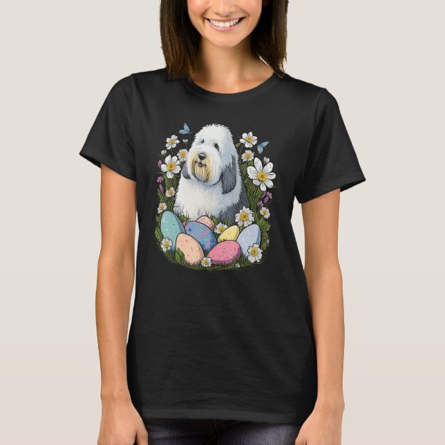 T-shirt Easter Old English Sheepdog Bunny Eggs Dog on East (Devant)