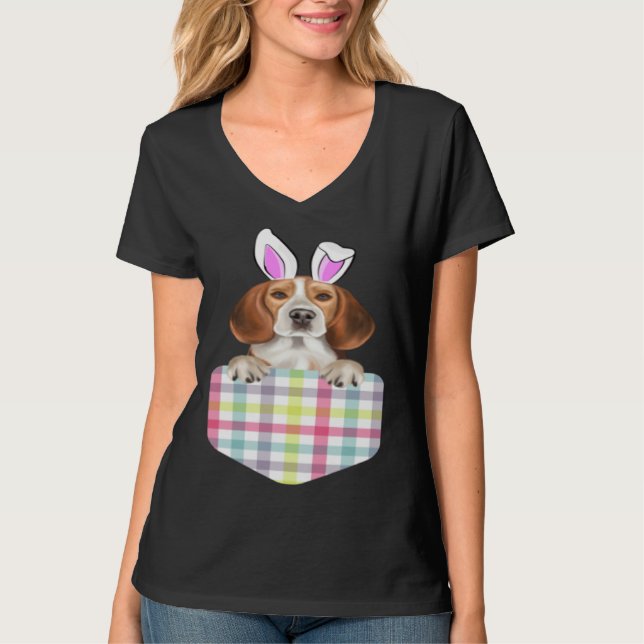 T-shirt Easter Plaid Beagle Bunny Dog In Pocket (Devant)