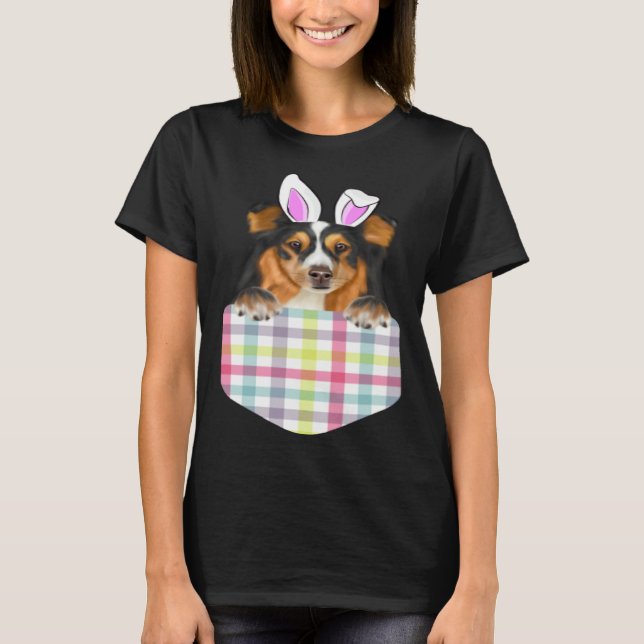 T-shirt Easter Plaid Shetland Sheepdog Bunny Dog In Pocket (Devant)