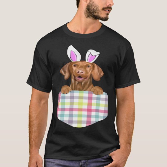 T-shirt Easter Plaid Vizsla Bunny Dog In Pocket (Devant)