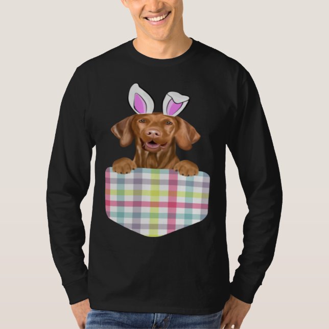 T-shirt Easter Plaid Vizsla Bunny Dog In Pocket (Devant)