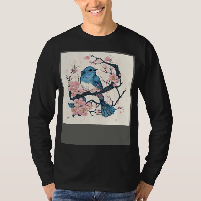 T-shirt Eastern Blue Bird and Sakura Blossom Branch (Devant)