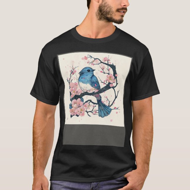 T-shirt Eastern Blue Bird and Sakura Blossom Branch (Devant)