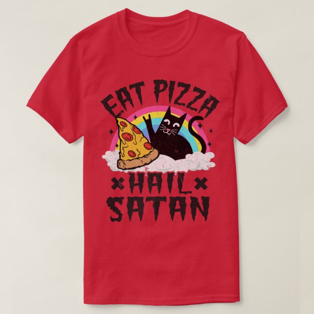 T-shirt Eat Pizza Hail Satan Cat Punk Rock Band Death Meta (Design devant)