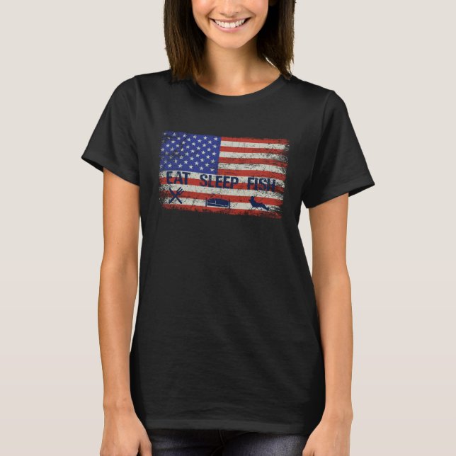 T-shirt EAT SLEEP FISH Patriotic USA American Flag men & w (Devant)