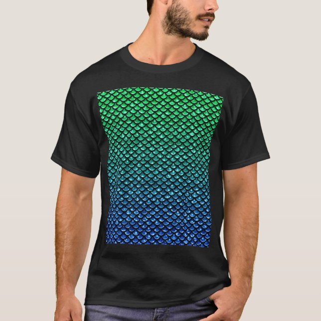 T-shirt Écailles de poisson sirène bleu vert ombré (Devant)
