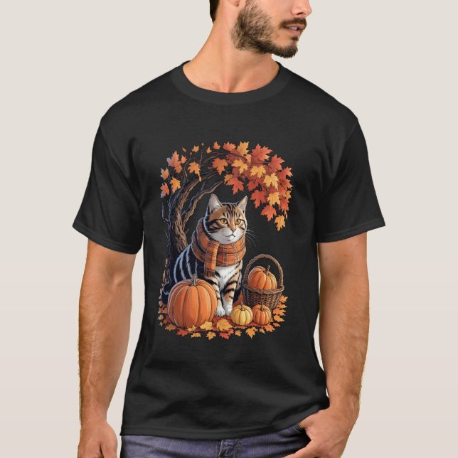 T-shirt Écharpe de Chute de Chat Citrouille d'Automne Amou (Devant)