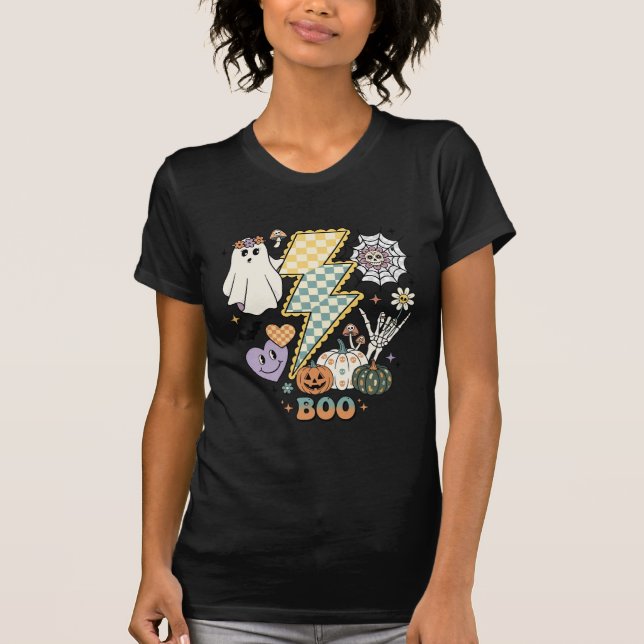 T-shirt Éclair de fantôme de boo Squelette Main Citrouille (Devant)