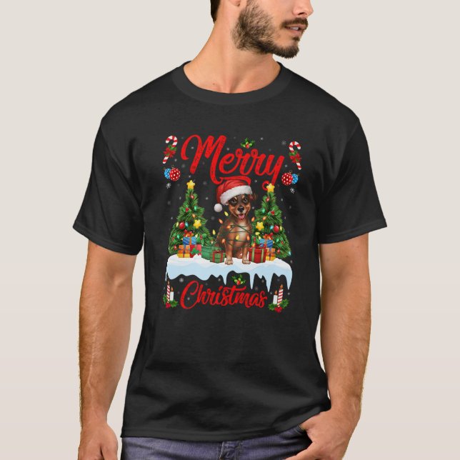 T-shirt Éclairage d'arbre de Noël Santa Pinscher nain Chie (Devant)