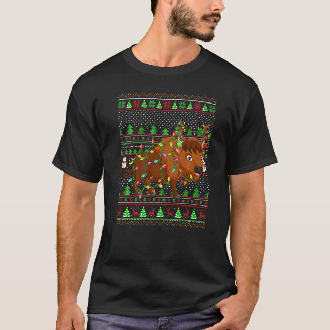 T-shirt Éclairage de bison de Noël de style pull de Noël m (Devant)