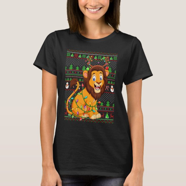 T-shirt Éclairage de lion de Noël de style pull de Noël mo (Devant)