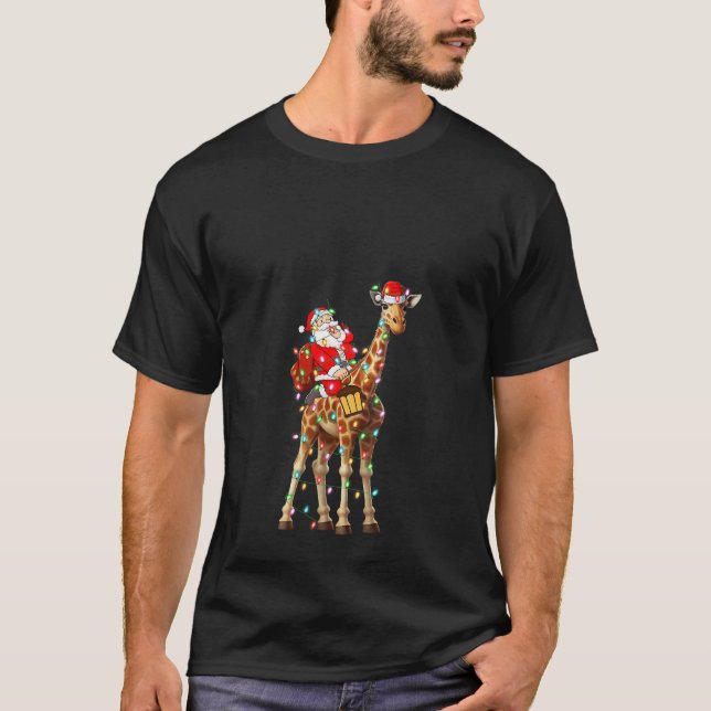T-shirt Éclairage de Noël Père Noël équitation Giraffe Noë (Devant)