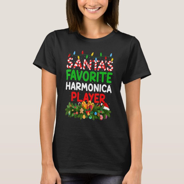 T-shirt Éclairage de Noël Père Noël Favori Harmonica Playe (Devant)