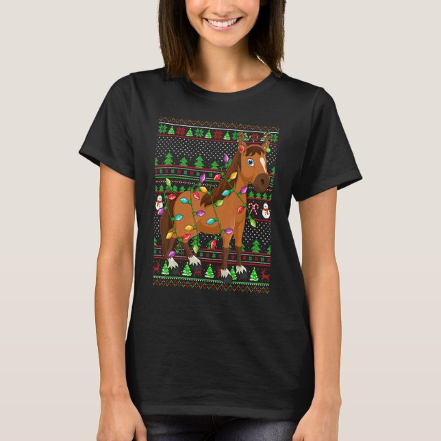 T-shirt Éclairage de style pull de Noël moche Cheval Noël (Devant)