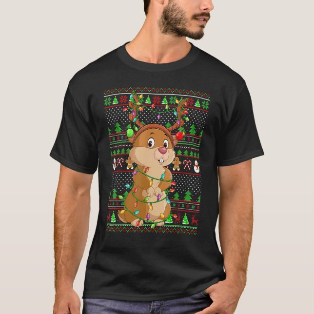 T-shirt Éclairage de style pull de Noël moche Gopher Noël (Devant)