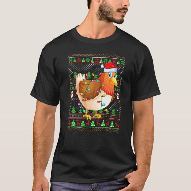 T-shirt Éclairage de style pull de Noël moche Poulet Oisea (Devant)