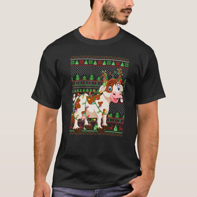 T-shirt Éclairage de vaches de Noël de style pull de Noël  (Devant)