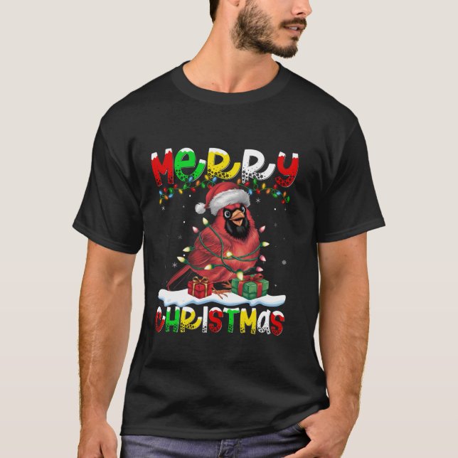 T-shirt Éclairage Noël Chapeau Cardinal Oiseau Joyeux Chri (Devant)