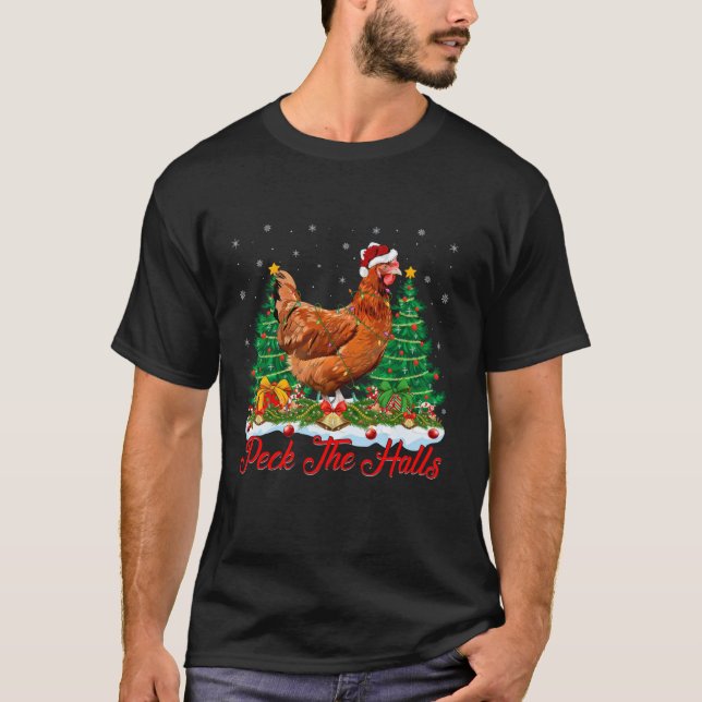 T-shirt Éclairage Noël Chapeau de Noël Poulets de Noël Arb (Devant)