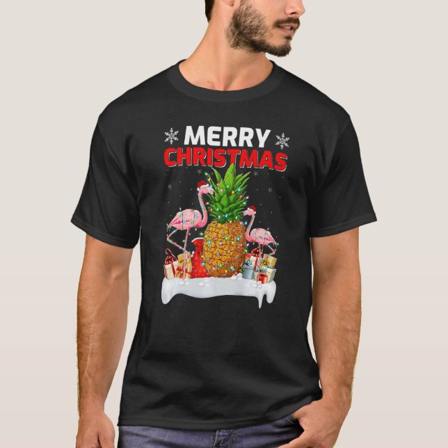 T-shirt Éclairage Noël Chapeau Flamant rose ananas Joyeux  (Devant)